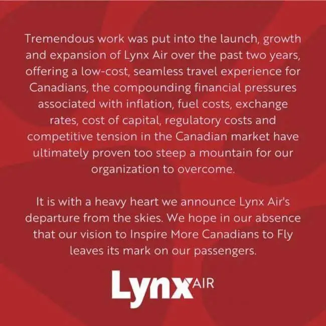 加拿大的廉价航空公司Lynx Air官宣破产，即将停运！已经购买机票处理方式看这里！