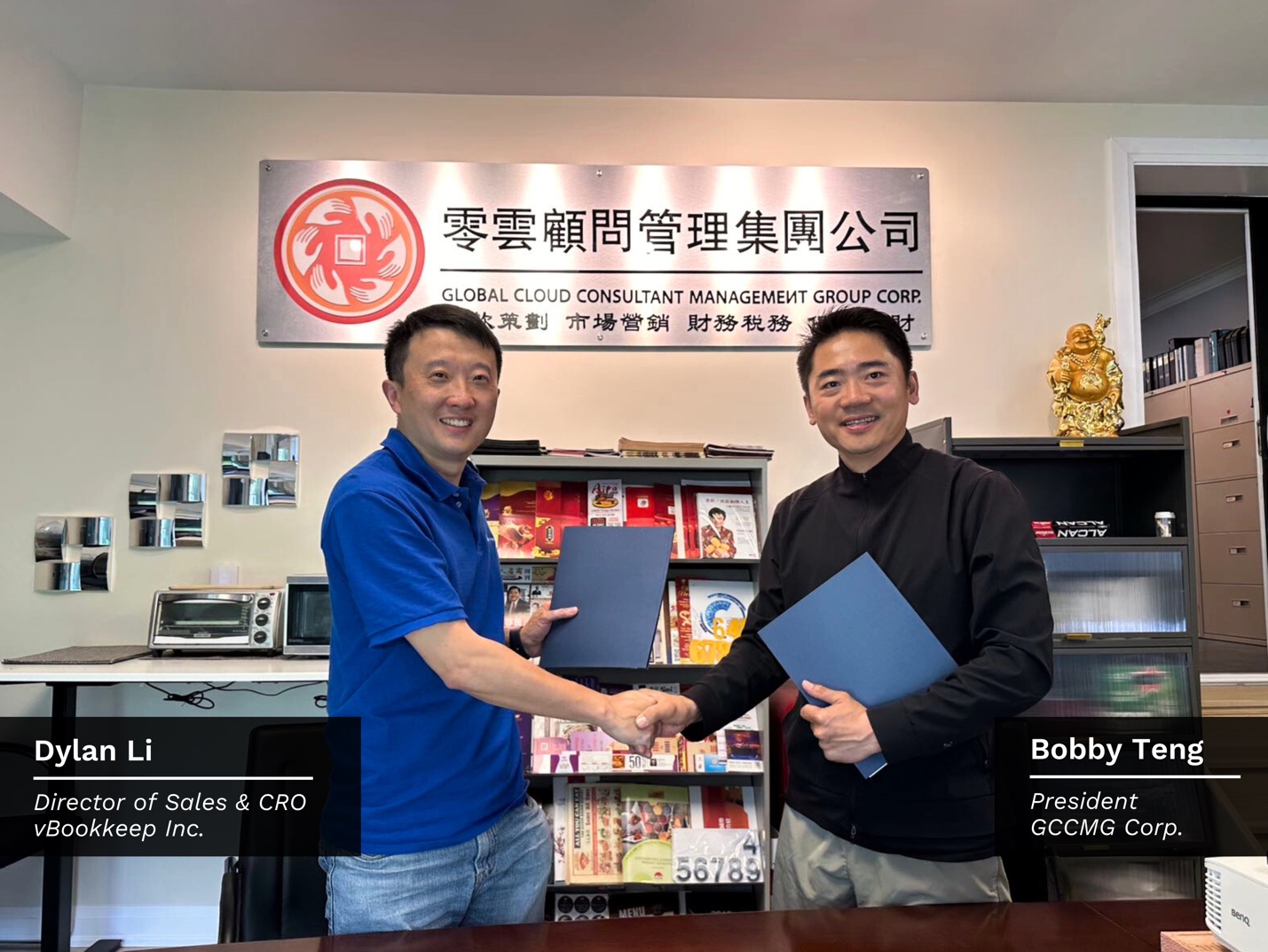 Two men shaking hands in front of a store

Description automatically generated